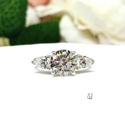 Round CZ Pear 3 Stone Engagement Ring Near Colorless CZ Sterling Silver
