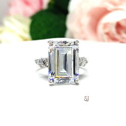 Emerald Cut CZ 14x10mm 6 Carat Engagement Ring Round Accents Size 7