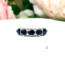 Lab Blue Sapphire 5 Stone Ring Sterling Silver September Birthstone 4mm Round Size 7