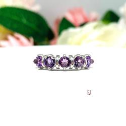 Round Natural African Amethyst February Birthstone Five Stone Ring