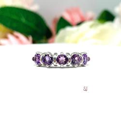 African Amethyst Five Stone Sterling Silver Ring Natural 4mm Round February Birthstone SIZE 7 FINAL SALE