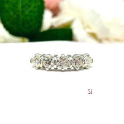 Moissanite 5 Stone Sterling Silver Band - 4mm round authentic moissanites - Alternative stone wedding or anniversary ring