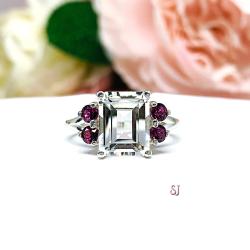 Emerald Cut Natural White Topaz Wine Color Garnet Accents Ring Size 8 CLEARANCE