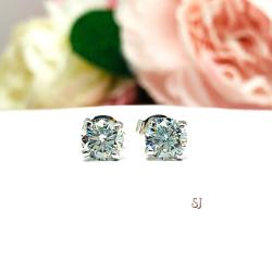 Round Steel Blue Moissanite Stud Earrings - Authentic moissanites - Sterling silver basket settings