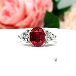 Lab Ruby Oval CZ Trillion Accented Low Profile Ring