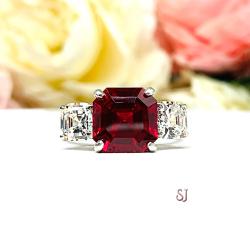 Lab Ruby Asscher with Cubic Zirconia Three Stone Ring Size 8
