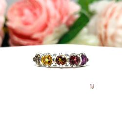 Autumn Colors 4mm Round Natural Gemstone Five Stone Ring