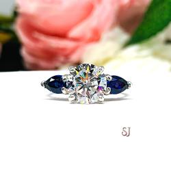 Round CZ Lab Blue Sapphire Pear 3 Stone Engagement Ring