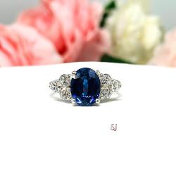 Lab Blue Sapphire Oval Ring Round CZ Accented Sterling Silver