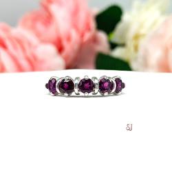 Natural Garnet Five Stone Ring January Birthstone Sterling Silver 4mm Round Wine Color SIZE 7 FINAL SALE