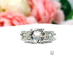 Natural White Topaz 3 Stone Engagement Ring - 8mm and 5mm round stones - Sterling silver setting