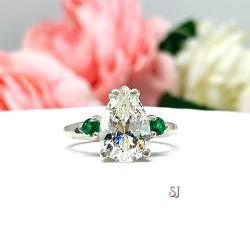 Pear Near Colorless Cubic Zirconia Lab Emerald Accents Engagement Ring