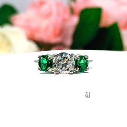 Round CZ Lab Created Emerald 3 Stone Engagement Ring - Sterling Silver