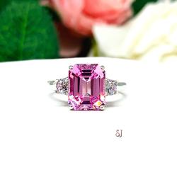 Lab Padparadscha Sapphire Emerald Cut CZ Accents Ring