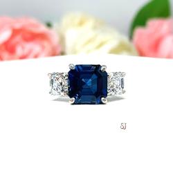 Lab Created Blue Sapphire CZ Asscher Three Stone Ring