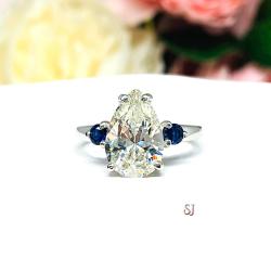 Pear Near Colorless CZ Round Lab Blue Sapphire Engagement Ring