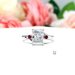 Radiant Cubic Zirconia Lab Ruby Sapphire or Emerald Accents Engagement Ring