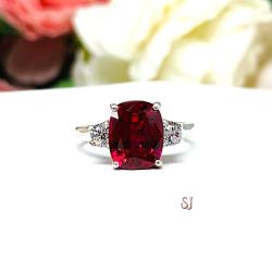 Lab Ruby Elongated Cushion Cut, CZ Accents Ring