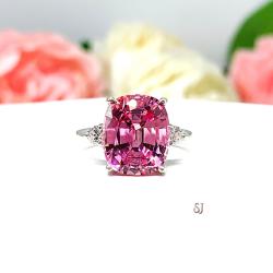 Lab Padparadscha Sapphire Elongated Cushion Ring 12x10mm Round CZ Accents