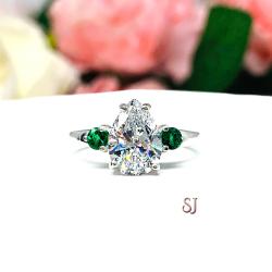 Pear Cubic Zirconia Lab Emerald Accents Engagement Ring