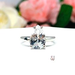 Lab White Sapphire Pear Engagement Ring 3mm Wide Band