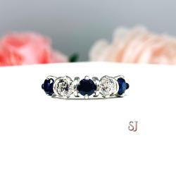 Lab Blue Sapphire Cubic Zirconia 4mm Round Five Stone Ring