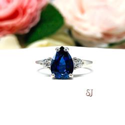 Lab Blue Sapphire Pear CZ Sterling Silver Ring