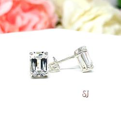 Lab White Sapphire Emerald Cut Stud Earrings 8x6mm