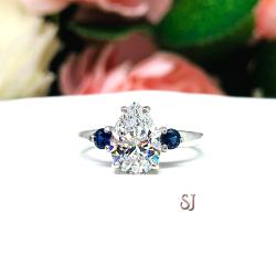 Pear CZ Lab Blue Sapphire Accents Engagement Ring