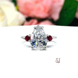 Pear CZ Lab Created Round Ruby Accents Engagement Ring
