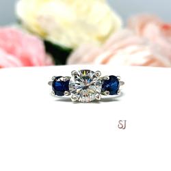 Round CZ Lab Blue Sapphire 3 Stone Engagement Ring