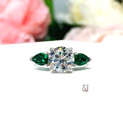 Round CZ Lab Emerald 3 Stone Engagement Ring - Pear Side Stones - Sterling Silver