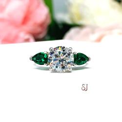 Round Cubic Zirconia Lab Emerald Pears Three Stone Engagement Ring