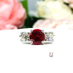 Lab Ruby and Cubic Zirconia Round Three Stone Ring