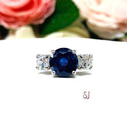Lab Blue Sapphire CZ Round Three Stone Ring