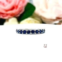 Round Lab Blue Sapphire Band Half Eternity Sterling Silver Stacking Ring
