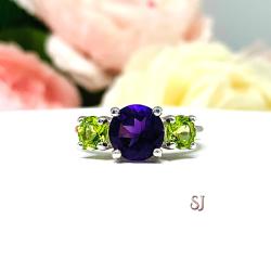 Natural Amethyst Peridot Round Three Stone Ring