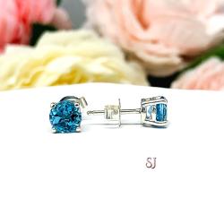 Round Swiss Blue Topaz Basket Stud Earrings December Birthstone Authentic