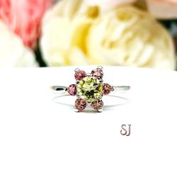 Lemon Quartz and Pink Tourmaline Spring Flower Cluster Ring Size 5.75 CLEARANCE