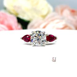 Round Cubic Zirconia Lab Ruby Pears Three Stone Engagement Ring
