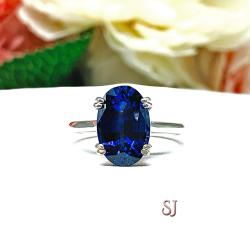 Lab Blue Sapphire Oval Engagement Ring 12x8mm 4.5 Carats Cathedral Split Prong Setting
