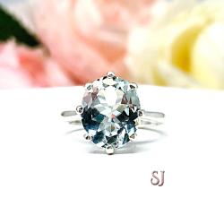 Genuine Aquamarine Oval Ring Size 4.75 - 11x9mm (2.87 cts) gemstone - Sterling silver 8 prong setting