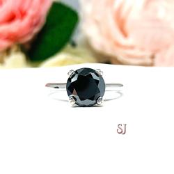 Black Moissanite Round Engagement Ring - 8mm (2 Cts) authentic moissanite - Sterling silver setting