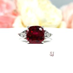 Lab Created Ruby Cushion Cut CZ Trillions Ring Sterling Silver
