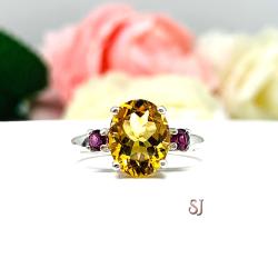 Genuine Oval 10x8mm Golden Citrine Wine Color Garnet Accents Ring Size 6.5 CLEARANCE