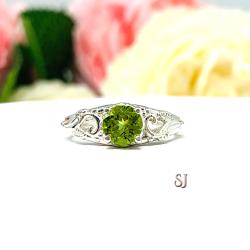 Natural Peridot Sterling Silver Ring - 6mm round gemstone- Antique ornamental leaf design setting