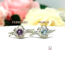 Birthstone Rose Solitaire Ring - 4mm round gemstones - Sterling silver setting