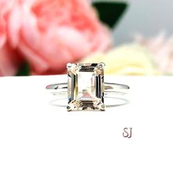 Emerald Cut Morganite Sterling Silver Ring Size 5 - Genuine 9x7mm peach gemstone