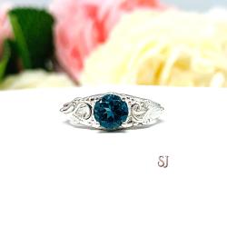 Genuine London Blue Topaz Sterling Silver Ring - 6mm round gemstone - Antique ornamental leaf design setting