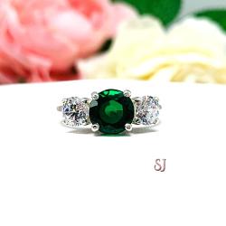 Round Lab Created Emerald 3 Stone Engagement Ring - CZ Side Stones - Sterling Silver
